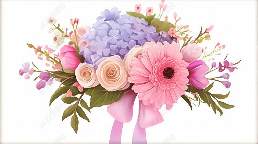 原创唯美的婚礼花束绽放花卉礼物浪漫花瓣插画